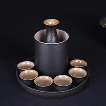 Load image into Gallery viewer, Ceramic Black Sake Set | 6 Wine Cups Tokkuri Bottle and Cooler Warmer