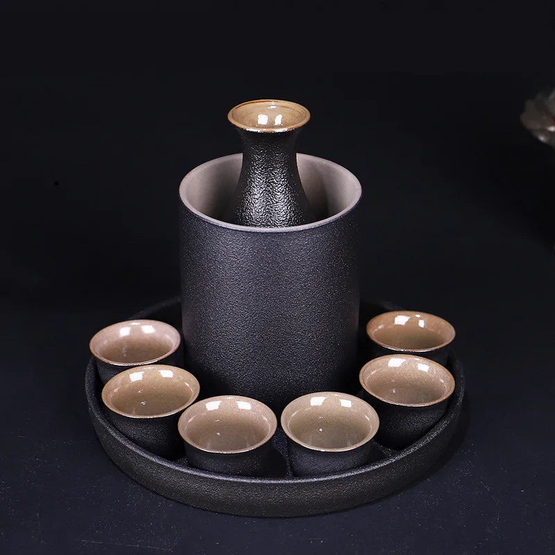 Ceramic Black Sake Set | 6 Wine Cups Tokkuri Bottle and Cooler Warmer