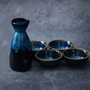 Blue Ceramic Sake Set | Retro Japanese Tokkuri Bottle 4 Wine Cups - 5 Pc Set