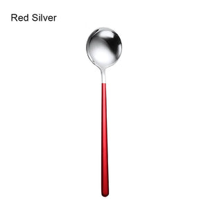 Gold & Silver Korean Asian Soup Spoon | Long Handle Metal Tableware - 1 Pc