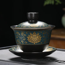 Load image into Gallery viewer, Traditional Lotus Chinese Tea Bowl Gaiwan | Black Lid Bowl Saucer Set