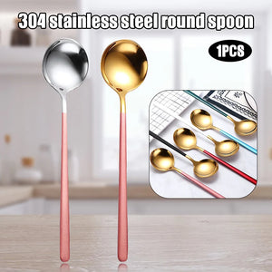 Gold & Silver Korean Asian Soup Spoon | Long Handle Metal Tableware - 1 Pc