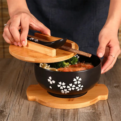 Black Sakura Ramen Bowl Set | Floral Ceramic Japanese with Wooden Lid