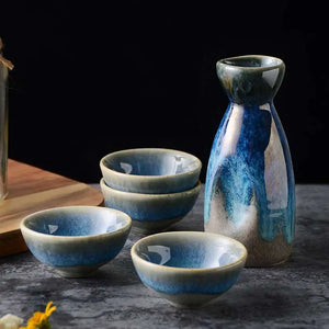 Blue Ceramic Sake Set | Retro Japanese Tokkuri Bottle 4 Wine Cups - 5 Pc Set