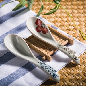 Flower White Asian Soup Spoon | Japanese Rice Noodle Ceramic Tableware - 1 Pc