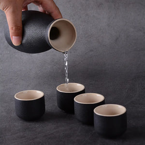 Modern White & Black Sake Set | 6 Ceramic Cups Tokkuri Japanese Bottle - 7 Pc Set