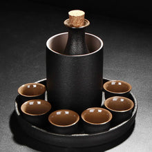 Load image into Gallery viewer, Ceramic Black Sake Set | 6 Wine Cups Tokkuri Bottle and Cooler Warmer