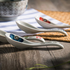 Flower White Asian Soup Spoon | Japanese Rice Noodle Ceramic Tableware - 1 Pc