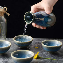 Load image into Gallery viewer, Blue Ceramic Sake Set | Retro Japanese Tokkuri Bottle 4 Wine Cups - 5 Pc Set