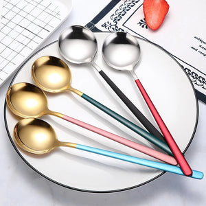 Gold & Silver Korean Asian Soup Spoon | Long Handle Metal Tableware - 1 Pc