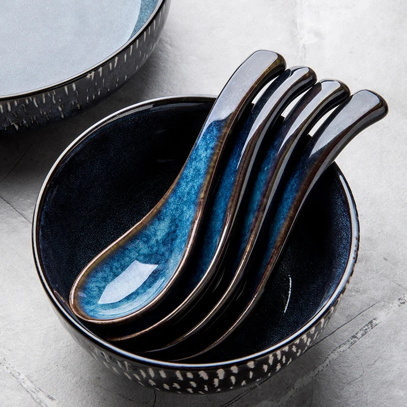 Dark Blue Ceramic Asian Soup Spoons | Japanese Kitchen Utensils - 4 Pc Set