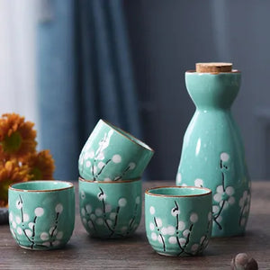 Teal Sakura Flower Sake Set | Japanese Sake Bottle and 4 Cups Porcelain - 5 Pcs