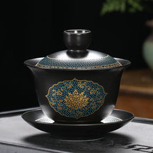 Load image into Gallery viewer, Traditional Lotus Chinese Tea Bowl Gaiwan | Black Lid Bowl Saucer Set