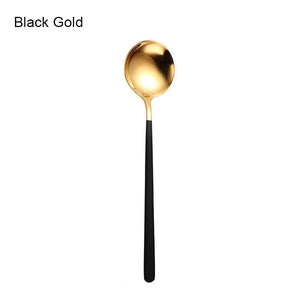 Gold & Silver Korean Asian Soup Spoon | Long Handle Metal Tableware - 1 Pc