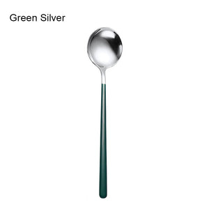 Gold & Silver Korean Asian Soup Spoon | Long Handle Metal Tableware - 1 Pc