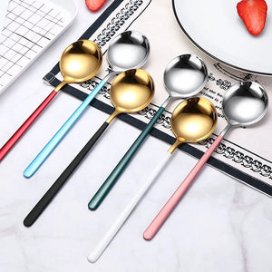 Gold & Silver Korean Asian Soup Spoon | Long Handle Metal Tableware - 1 Pc