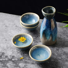 Load image into Gallery viewer, Blue Ceramic Sake Set | Retro Japanese Tokkuri Bottle 4 Wine Cups - 5 Pc Set