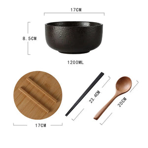 Japanese Wide Ceramic Ramen Bowl | Instant Noodle Bowl With Lid, Spoon, Chopstick Set - 1 Pc