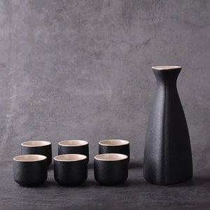 Modern White & Black Sake Set | 6 Ceramic Cups Tokkuri Japanese Bottle - 7 Pc Set