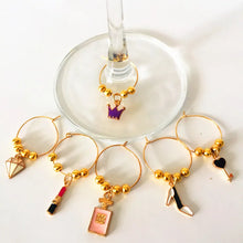 Load image into Gallery viewer, Girls Night Wine Glass Charm | Gold Cup Marker Rings - 6 Pc Set