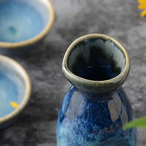 Blue Ceramic Sake Set | Retro Japanese Tokkuri Bottle 4 Wine Cups - 5 Pc Set