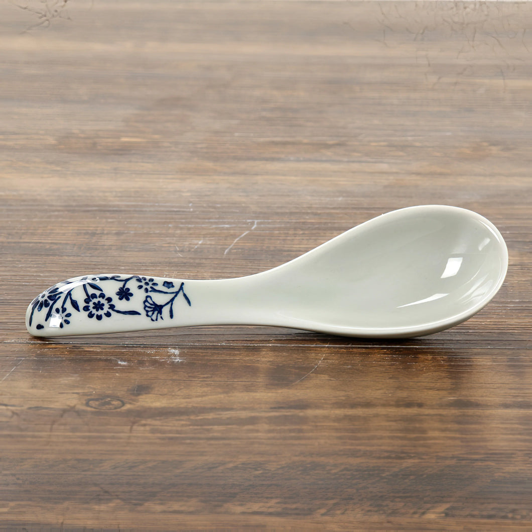 Flower White Asian Soup Spoon | Japanese Rice Noodle Ceramic Tableware - 1 Pc