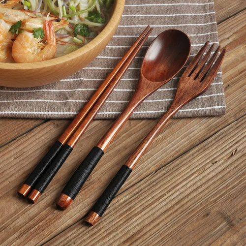 Handmade Japanese Natural Wood Chopsticks Spoon Fork Tableware - 1 Set