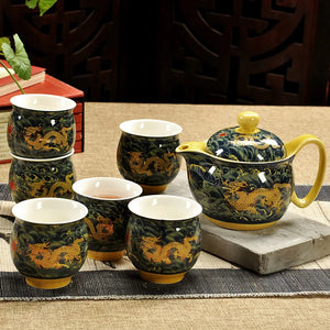 Luxury Dragon Chinese Tea Set | GongFu Ceramic Porcelain Ceremony - 7 Pc