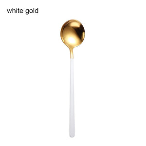 Gold & Silver Korean Asian Soup Spoon | Long Handle Metal Tableware - 1 Pc