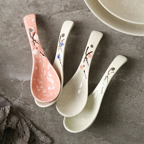 Pink Speckled Asian Soup Spoons | Japanese Ceramic Porcelain Tableware - 1 Pc