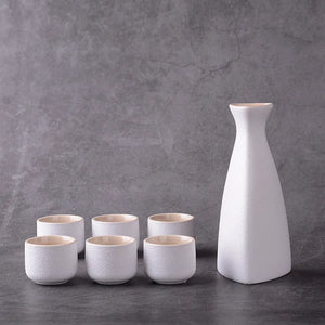 Modern White & Black Sake Set | 6 Ceramic Cups Tokkuri Japanese Bottle - 7 Pc Set