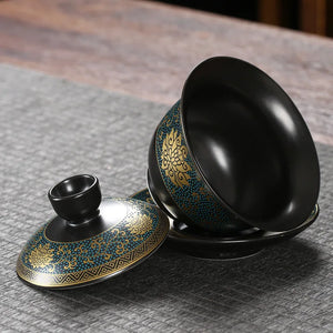 Traditional Lotus Chinese Tea Bowl Gaiwan | Black Lid Bowl Saucer Set