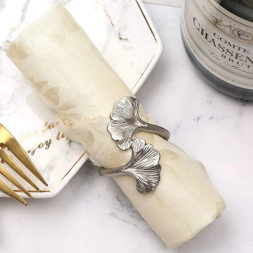 Silver Ginkgo Leaf Metal Napkin Rings | Cloth Cuffs Holders - 4 Pc Set