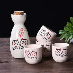 Cute Cat Sake Set |Two Cats Japanese Sake Bottle  Tokurri and 4 Cups Ochoko Porcelain Barware Set of 5 Pcs