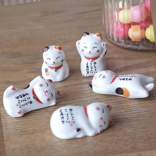 Lucky Cat Chopsticks Rest Holder | Japanese Ceramic Kitty Holder - 5 Pc Set