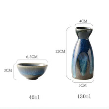 Load image into Gallery viewer, Blue Ceramic Sake Set | Retro Japanese Tokkuri Bottle 4 Wine Cups - 5 Pc Set