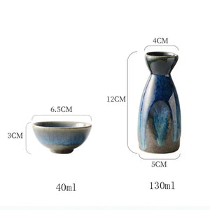 Blue Ceramic Sake Set | Retro Japanese Tokkuri Bottle 4 Wine Cups - 5 Pc Set