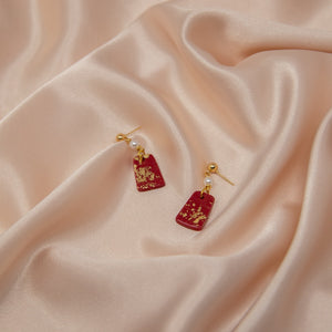 Red & Gold 18K Plated Pearl Earrings | Chinese New Year Gift - 1 Pair