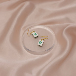 Green & White Mahjong Set Gold Earrings | Chinese New Year Gift - 1 Pair