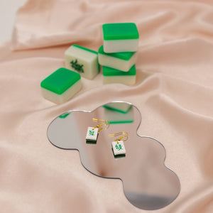 Green & White Mahjong Set Gold Earrings | Chinese New Year Gift - 1 Pair