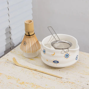 Evil Eye Matcha Bowl Set | Tea Whisk Holder Sift Bamboo - 5 Pc