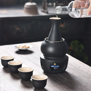 Sake Set with Warmer | Ceramic Tokkuri Sake Bottle, 4 Cups, 1 Warming Cup, 1 Candle Heating Stove - 6 pc