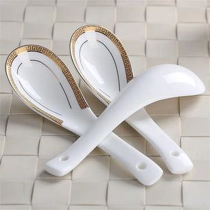 White & Gold Bone China Spoon | Chinese Asian Soup Spoons - 6 Pc Set