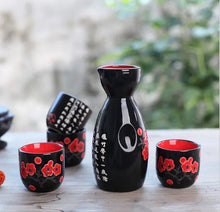 Load image into Gallery viewer, Red Plum Cherry Blossom Sake Set | Sakura 4 Wine Cups 1 Tokkuri Bottle - 5 Pcs