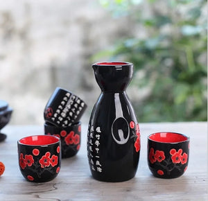 Red Plum Cherry Blossom Sake Set | Sakura 4 Wine Cups 1 Tokkuri Bottle - 5 Pcs