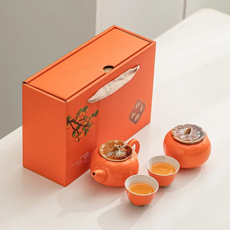 Orange Persimmon Chinese Tea Set |  Cute Fruit Inspired Ceramic - 4 or 6-piece Set