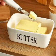 Load image into Gallery viewer, White Ceramic Butter Dish with Bamboo Lid and Knife - 1 Set