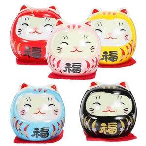 Cute Lucky Cat Daruma Doll | Japanese Ceramic Mini Figurine Wish Toys - 5 Pc Set