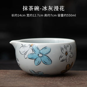 Light Gray Floral Matcha Set | Japanese Whisk Scoop Bowl - 1 Pc