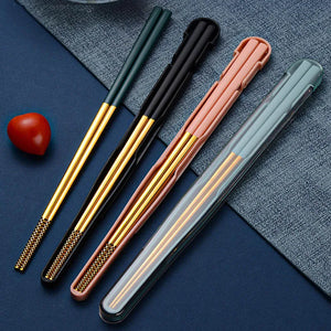 Gold Travel Chopsticks with Case | Stainless Steel Metal Small Portable Camping Chopstick - 1 Pair